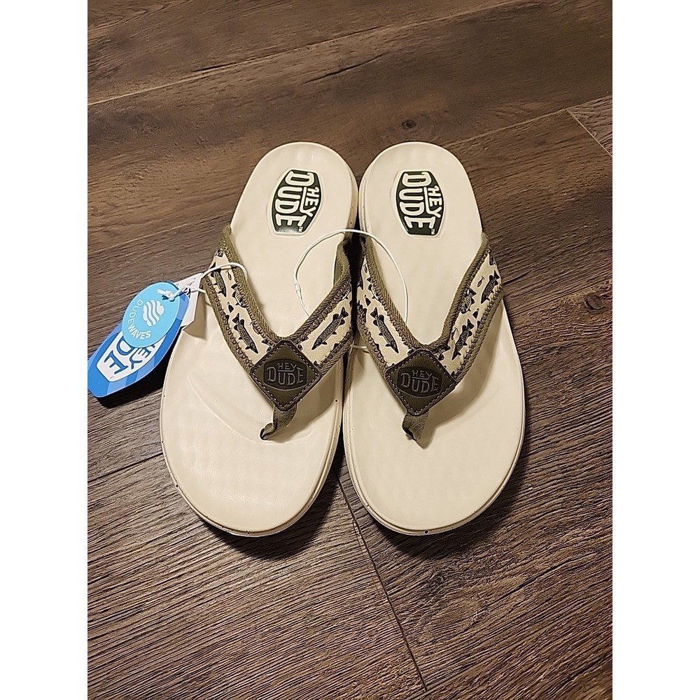 Hey Dude Men's 11 Flip Flops Olive Tan Fishing Lure Sandals Comfort Myers - Picture 2 of 5